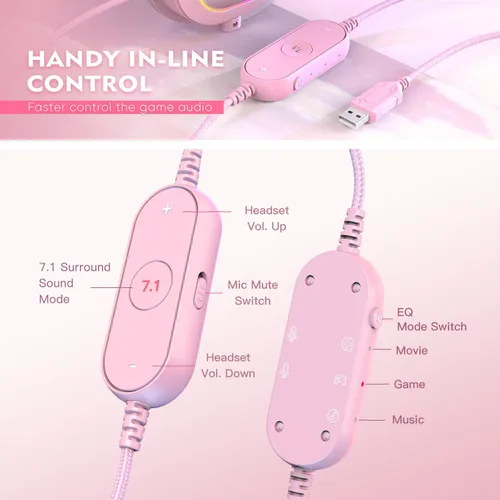 Vista 3 de FIFINE Auriculares para juegos de PC, auriculares con cable USB con micrófono, sonido envolvente 7.1, control en línea, auriculares RGB sobre