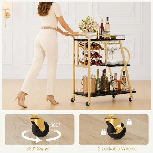 Vista 4 de Carrito de bar para el hogar, carrito de servicio de bar con ruedas, carritos de licor de 3 niveles con estante para vino y soporte para vidrio