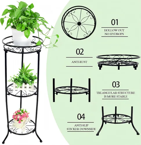 Vista 4 de FAMZ Soporte para plantas para interiores y exteriores, 3 niveles de alto, soportes de metal negro para plantas, estante redondo de 35 pulgadas