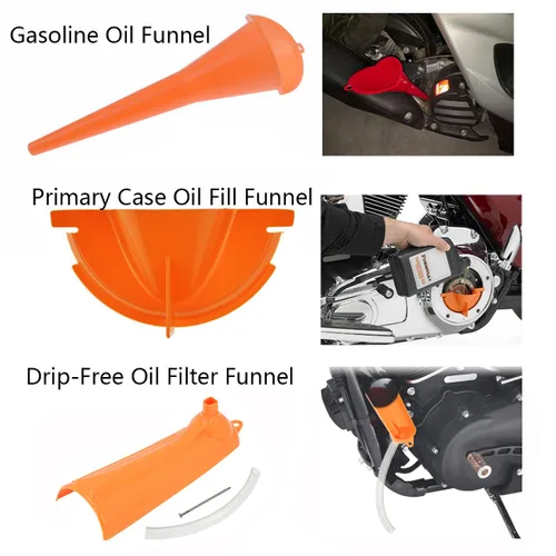Vista 2 de Juego de embudo de llenado de cárter para llenado de aceite y tapones de drenaje primarios compatibles con Harley Orange Primary Case Oil Funnel