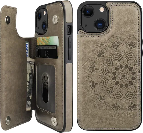 Vista 9 de Vaburs Funda compatible con iPhone 13 con tarjetero y diseño de mandala en relieve, de piel sintética, doble botones, a prueba de golpes, para Azul