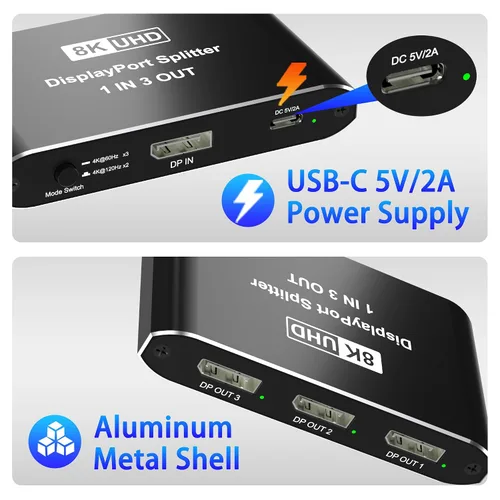 Vista 5 de Displayport Splitter 1 en 3 salidas, 8K @60Hz, 4K @120Hz, Resolución DP 1.4 DisplayPort Switcher Box, soporte DSC, conmutador de puerto de pantalla
