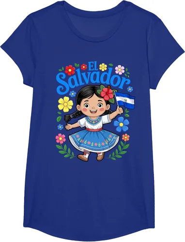 Vista 24 de Camiseta de estilo tradicional floral para niña con la bandera de El Salvador