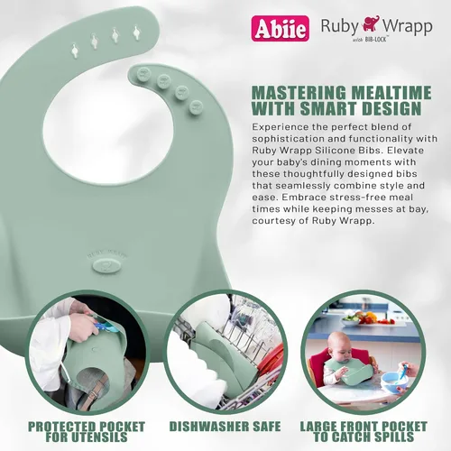 Vista 3 de Abiie Ruby Wrapp - Baberos de silicona para bebés, babero impermeable hecho con material resistente a las manchas, bolsillo frontal para atrapar