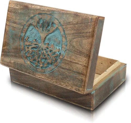 Vista 4 de Gran regalo de cumpleaños, caja de joyería decorativa de madera hecha a mano, organizador de joyas tallado en árbol de la vida, caja de recuerdos