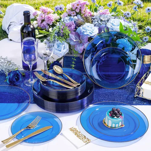 Vista 6 de YOUBET 175 PIEZAS Platos de Plástico Azul Transparente - Platos Desechables Azules y Dorados Incluyen 50 Platos, 75 Cubiertos, 25 Vasos, 25