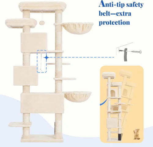 Vista 8 de Hey-brother Árbol de Gato, torre de gato de varios niveles XL de 74 pulgadas para gatos de interior con tres condominios para gatos, dos plataformas