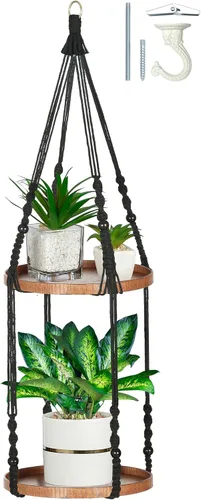 Vista 11 de Colgador de macramé de 2 niveles Colgador de plantas para interiores, maceta colgante Estante para macetas colgantes (beige)
