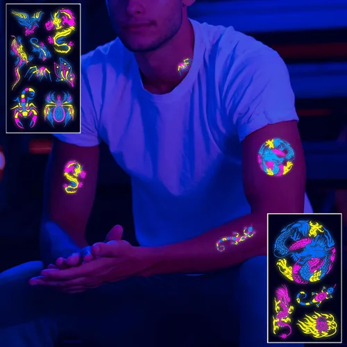 Vista 2 de Tatuajes temporales de neón que brillan en los rayos UV, calcomanías de tatuajes de neón 61 estilos de brillantina, dragón, escorpión, araña