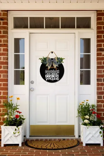 Vista 2 de Letrero de fútbol con texto en inglés «Football is My Favorite Season» para puerta delantera, coronas divertidas, decoración de madera rústica