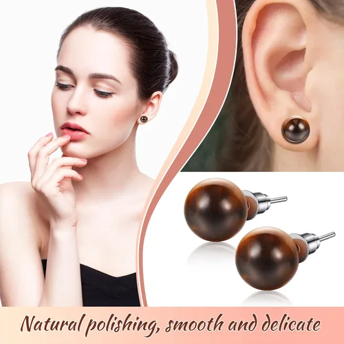 Vista 6 de Laumoi 12 pares de aretes de bola de ágata natural, piedras preciosas, amatista, cuarzo rosa, aretes redondos pulidos, joyería para mujer, Piedras