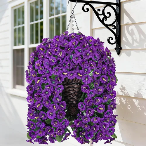 Vista 17 de Flores colgantes artificiales falsas con cesta para decoración al aire libre, resistentes a los rayos UV, flores de margaritas de seda sintética