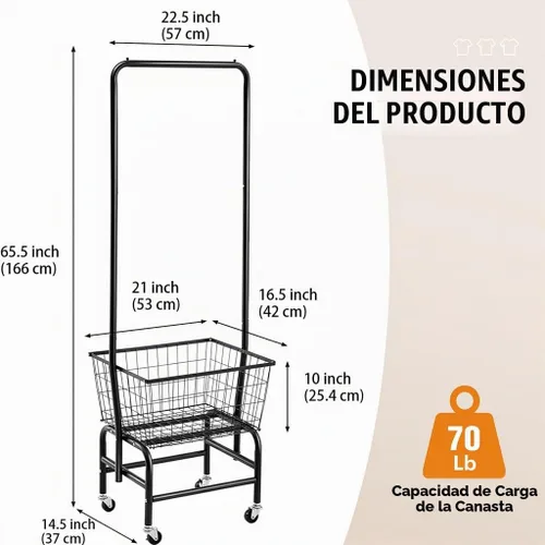 Vista 3 de ALIMORDEN Carrito de lavandería con estante colgante y cesta de metal Negro