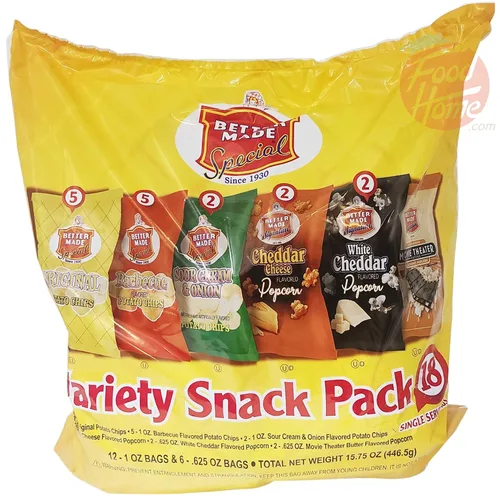 Vista 2 de Better Made Paquete variado de papas fritas de aperitivo; 5 originales, 5 bbbq, 2 crema agria: palomitas de maíz; 2 quesos cheddar, 2 cheddar