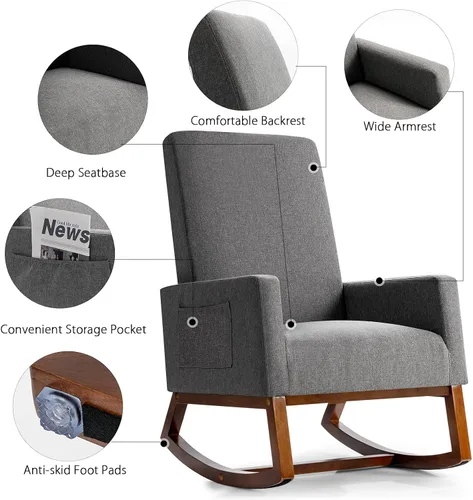 Vista 12 de Giantex Mecedora tapizada, sillón moderno de tela con base de madera, bolsillo lateral, asiento acolchado de lino, silla mecedora con respaldo alto