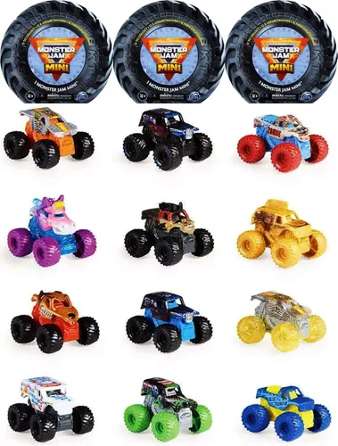 Vista 2 de Matty's Toy Stop Monster Jam Mini Mystery Collectible Monster Trucks (escala 1:87) Set de regalo para fiesta, bolsa de almacenamiento, paquete de 3