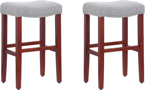 Vista 10 de WO Home Furniture Taburete de bar de 29 pulgadas, taburete tapizado sin espalda con patas de madera rojo cereza para cocina (gris)