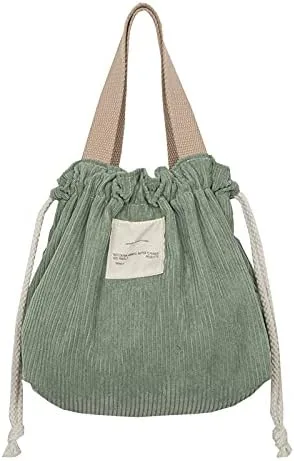 Vista 7 de Lonchera de pana para mujer, lonchera estética, con cordón, bonita bolsa de mano, suministros pastel (cordón azul)