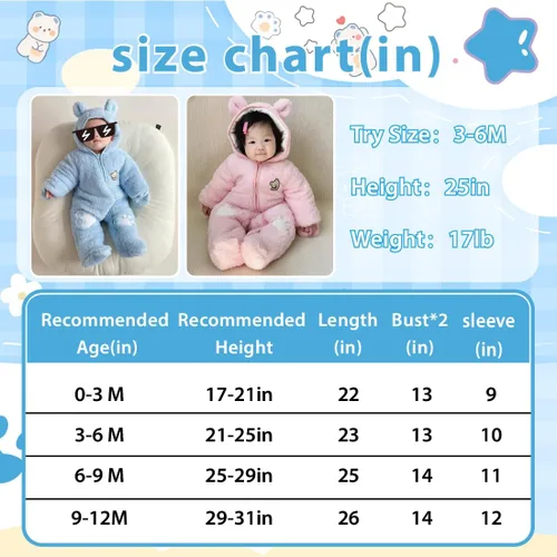 Vista 7 de Fairy Baby Traje de nieve para bebé recién nacido, con oso y mameluco de forro polar grueso, abrigo infantil para niñas y niños de 0 a 12 meses