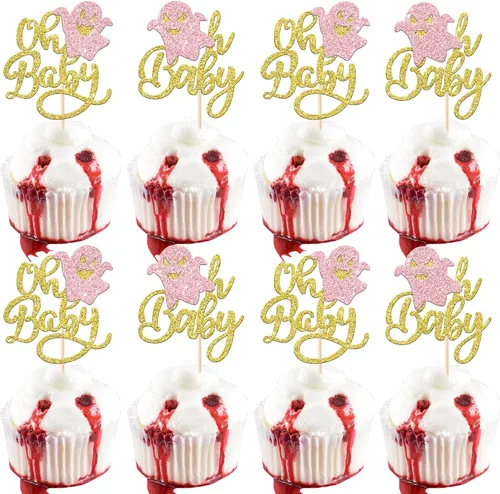 Vista 8 de Rsstarxi Paquete de 24 adornos para cupcakes Little Boo con purpurina, bruja, gato, calabaza, castillo, fantasma, magdalenas, alimentos, decoración