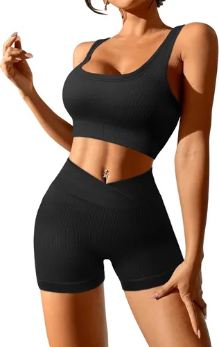 Vista 2 de JZC Conjuntos de entrenamiento para mujer, 2 piezas, acanalados, sin costuras, pantalones cortos de cintura alta, trajes de yoga