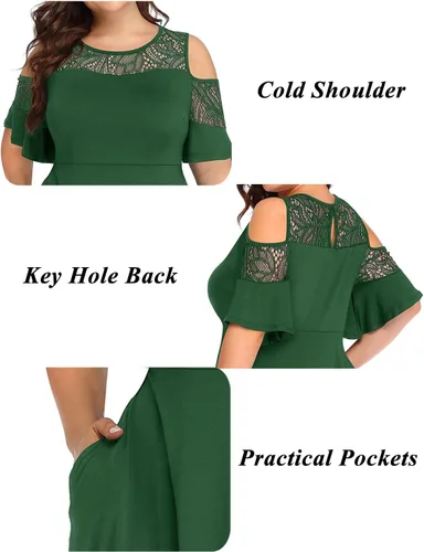 Vista 5 de Pinup Fashion Vestidos midi con cuello de malla y hombros descubiertos de talla grande para invitados de boda con bolsillos