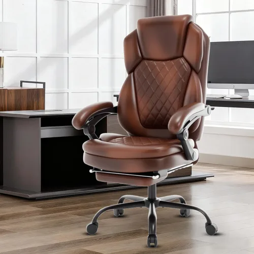 Vista 2 de Silla de escritorio reclinable de piel de 400 libras con reposapiés A marrón.