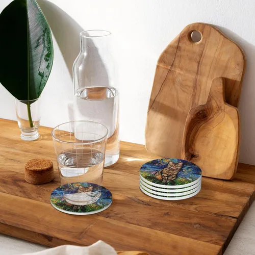 Vista 6 de Van Gogh - Juego de 4 posavasos abstractos de cerámica de diatomita absorbentes con base de corcho, protección de mesa, adecuados para mesas de Gato