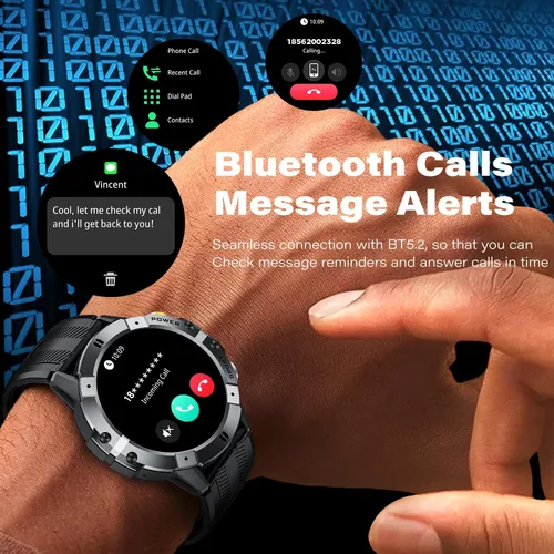 Vista 4 de Relojes inteligentes militares para hombres, llamadas Bluetooth, rastreador de actividad impermeable de 1 ATM con algoritmo GoMore, frecuencia