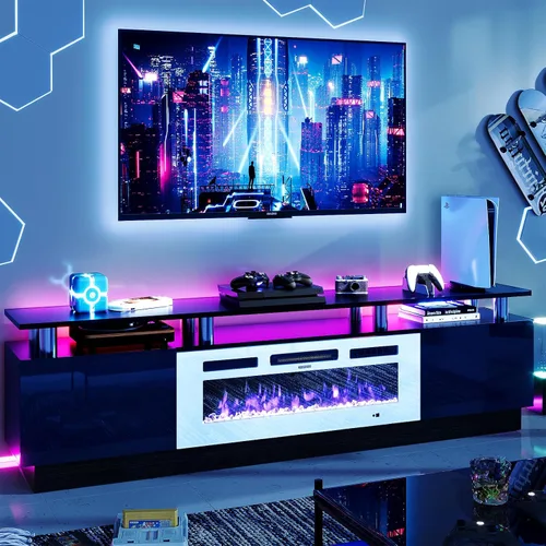 Vista 21 de oneinmil Soporte de TV con chimenea de 70 pulgadas para sala de estar, centro de entretenimiento con chimenea eléctrica con luces LED dobles