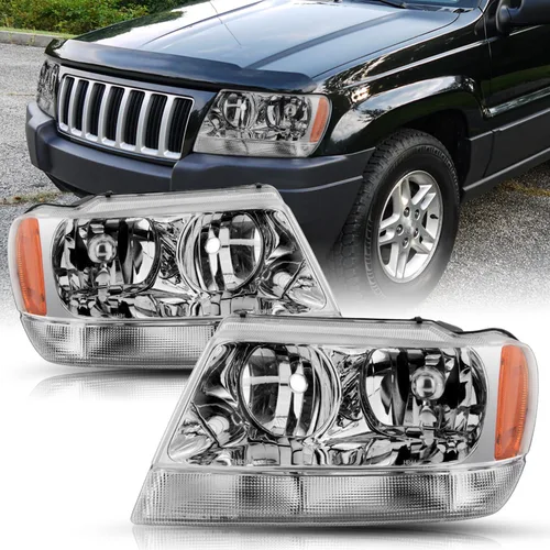 Vista 12 de SOCKIR Conjunto de faros delanteros compatible con Jeep Grand Cherokee 1999-2004 halógeno (carcasa negra, parte inferior ámbar, con bombillas)