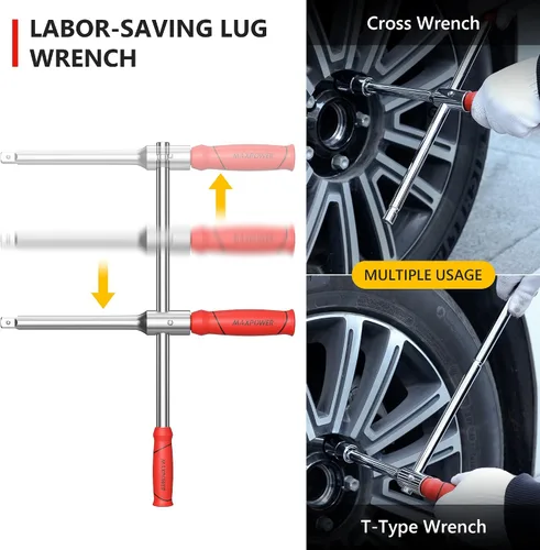 Vista 7 de MAXPOWER Llave para ruedas, Llave de neumático con transmisión de 1/2 pulgada y 2 piezas de llaves estándar (17 mm/19 mm, 21 mm/23 mm), Llave