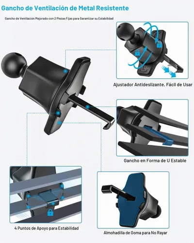 Vista 3 de Soporte para tableta de ventilación de automóvil, clip de ventilación de aire para automóvil con abrazadera de gancho de metal ajustable, compatible