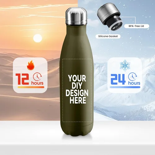 Vista 3 de Botella de agua personalizada de 17 onzas, botella de agua al vacío de doble pared aislada de acero inoxidable, tazas a prueba de fugas para Verde