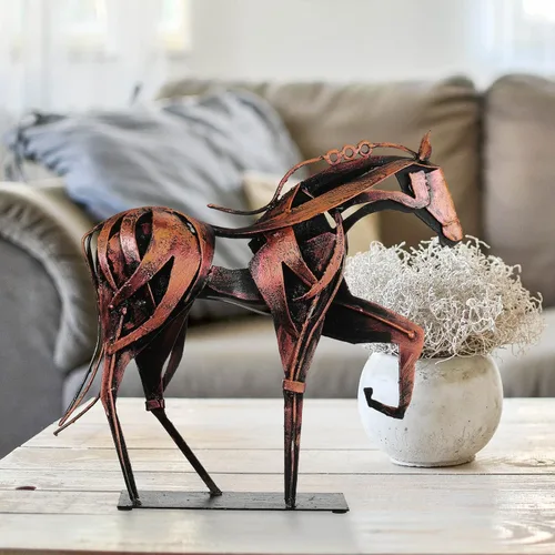 Vista 7 de SunBlogs Art Estatua de caballo hecha a mano - Decoración rústica única para oficina y hogar - Escultura de metal pintada a mano - Regalo artesanal