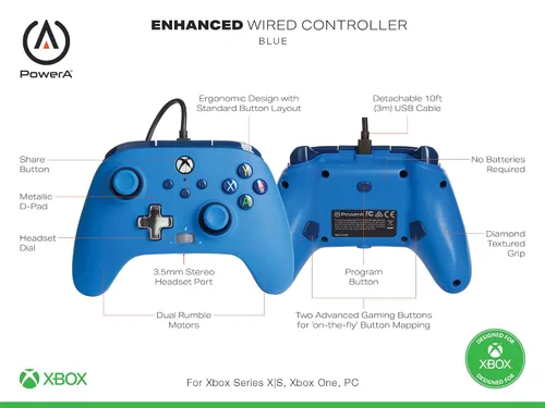 Vista 2 de PowerA Enhanced Wired Controller for Xbox - Blue Gamepad Wired Video Game Controller Gaming Controller Xbox Series XS Xbox One - Xbox Series X