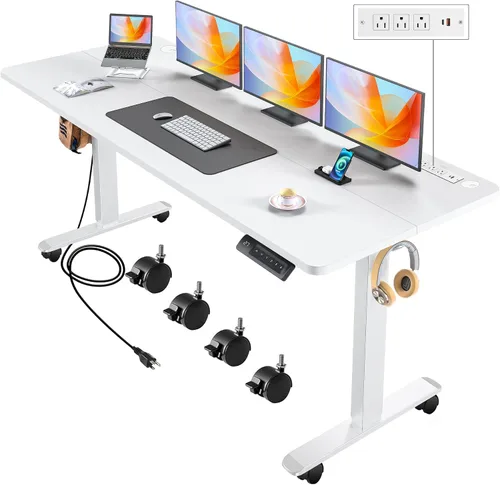 Vista 15 de Escritorio eléctrico de altura ajustable de pie, escritorio de sentarse y pararse de 48 x 24 pulgadas con toma de corriente, 2 puertos USB, 3 tomas