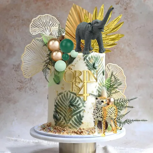 Vista 6 de 26 piezas de decoración de pasteles de animales de la selva, figuras de animales de safari, palmeras doradas, selva salvaje, animales salvajes