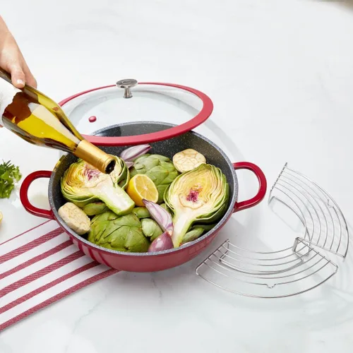 Vista 3 de Curtis Stone 777-973 - Bandeja multiusos de aluminio fundido de 4.5 cuartos de galón con tapa y estante multiusos (renovado)