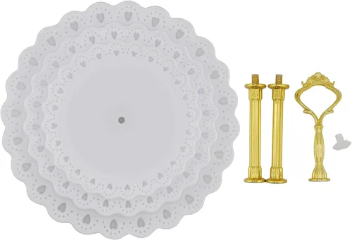 Vista 5 de Juego de 2 piezas de soporte de postre de 3 niveles, plato de frutas, cupcakes, plástico, vasos blancos, pasteles, postres, frutas, dulces, bufé
