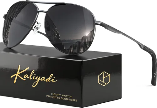 Vista 10 de KALIYADI Gafas de sol de aviador polarizadas para hombres y mujeres con A01-negro/Gris