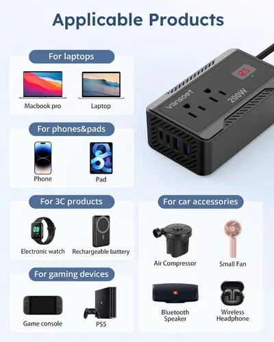 Vista 7 de Inversor de corriente de 200W para automóvil, DC 12V a 110V AC, convertidor con [PD 30W y 15W] USB C de carga rápida/3.0A, puertos de carga USB