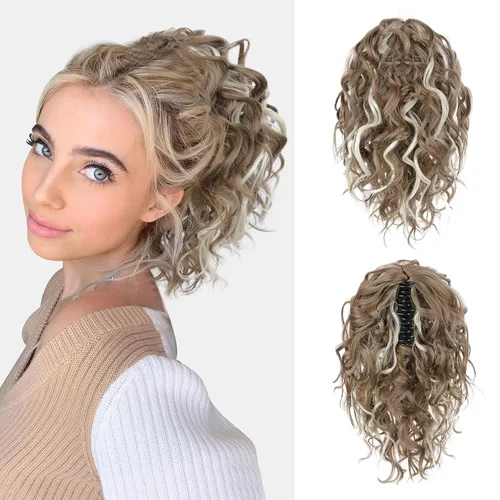Vista 14 de Flufymooz Extensión de cola de caballo, extensión de cola de caballo corta de 12 pulgadas con pinza de garra, cabello ondulado rizado, clip