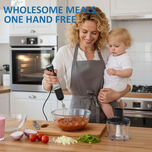 Vista 2 de Batidora de mano profesional de 1000 W, licuadora de inmersión de 12 velocidades con 10 accesorios, picadora de alimentos de 20 onzas, batidor