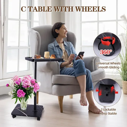 Vista 7 de Mesa auxiliar de mesa C de altura ajustable, extremo en forma de C para sofá, mesas de aperitivos, bandeja de TV giratoria de 360°, para espacios
