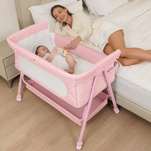Vista 9 de Bassinet Bedside Sleeper, Adjustable Height Baby Bassinet with Wheels, Easy Assemble & Folding Crib with Comfy Mattress, Breathable Mesh Bedside Gris