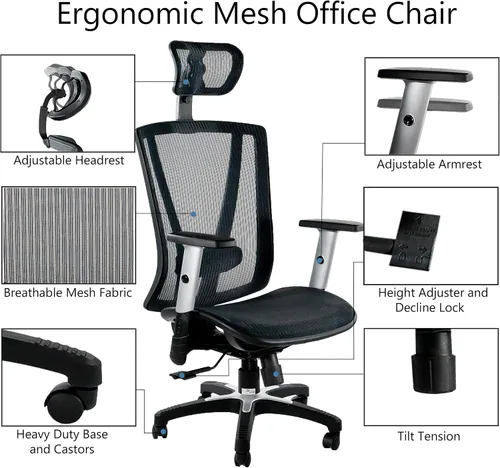 Vista 7 de Silla de oficina ergonómica ajustable negra de 53 pulgadas de alto, silla ergonómica de oficina en casa, silla ergonómica con reposacabezas, sillas
