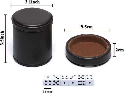 Vista 4 de Taza de dados de piel sintética con tapa, cuero sintético chocolate oscuro y marrón oscuro forrado de fieltro silencioso taza agitadora de dados