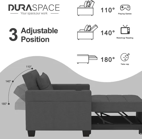 Vista 4 de Silla cama 3 en 1 de 36 pulgadas, sofá cama extraíble convertible, lino Gris-oscuro