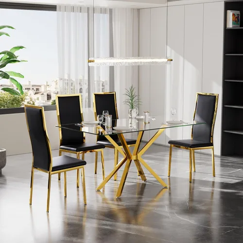 Vista 6 de Juego de 4 mesas de comedor de cristal negro, mesa de cocina minimalista moderna de 47 pulgadas con 4 sillas de comedor clásicas negras y plateadas